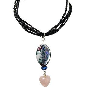 Vintage Hand Beaded Hearts and Flowers Drop Pendant on Multi Strand Black